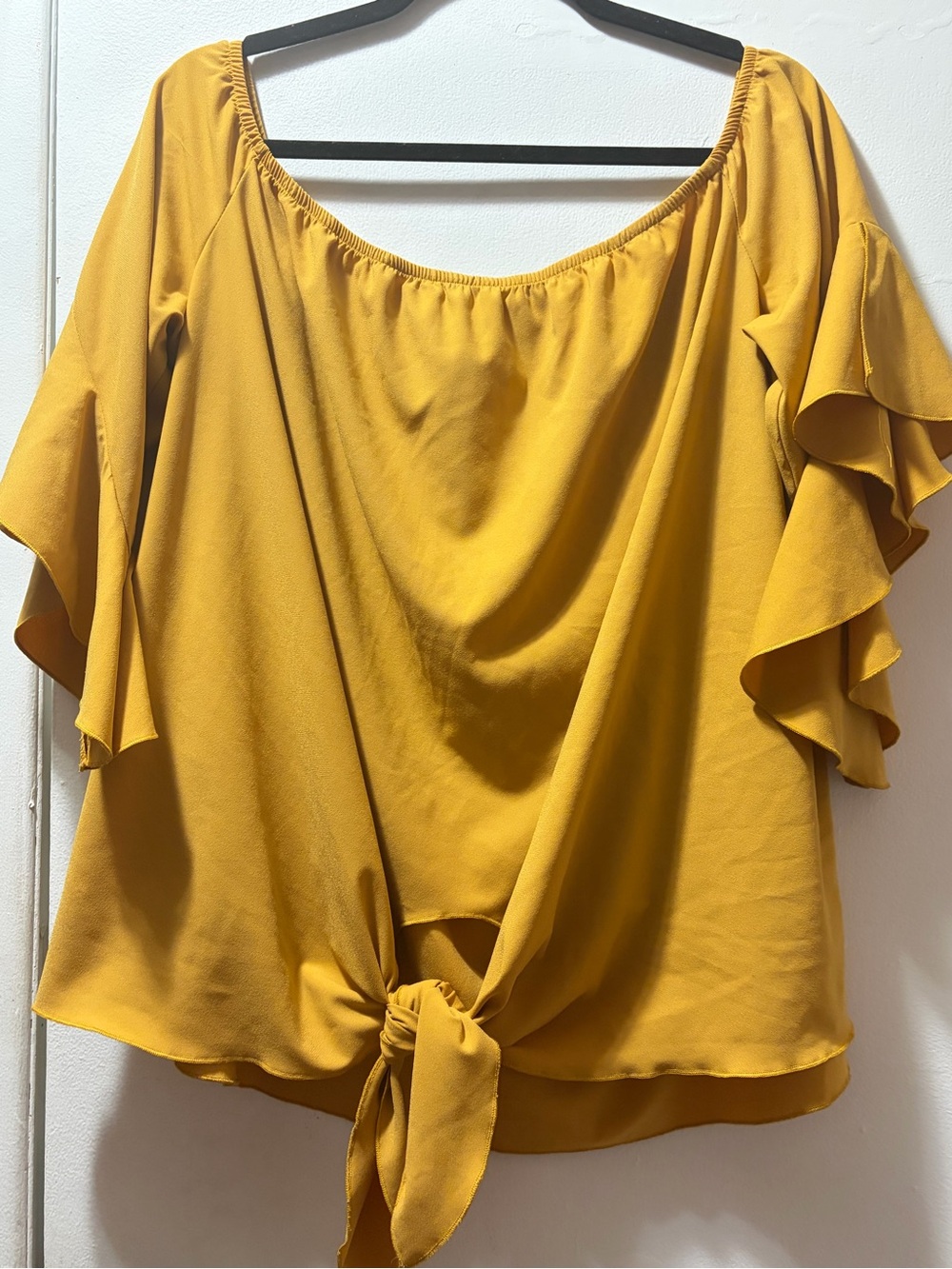 Source Unknown Mustard Yellow Tie-Front Ruffle Sleeve Blouse